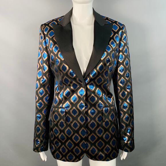 Etro Jackets & Blazers - ETRO Size 8 Black Blue Metallic Geometric Peak Lapel Jacket Blazer